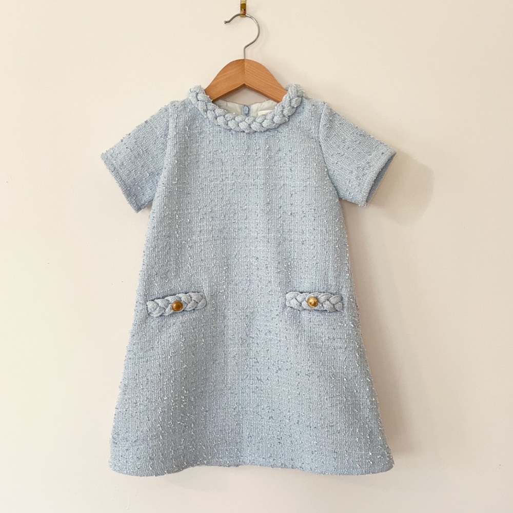 SOUTHERN SMOCKED CO EUC Powder Blue Tweed Structured Dress w/ Braided Detail